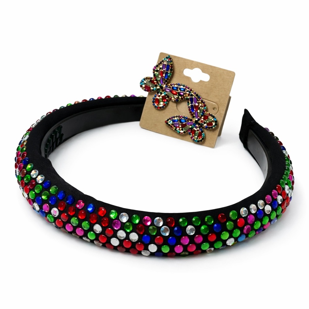 Colorful Rhinestone Headband & Butterfly Earrings Set